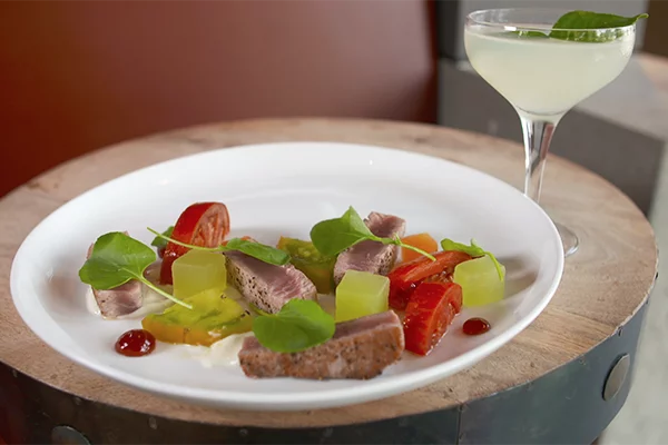 Albacore tuna served with fruits and buttermilk cream from cooks and soldiers