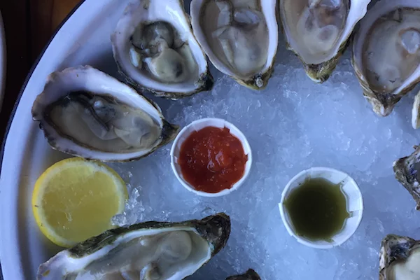 Overhead shot of raw oysters with cocktail sauce, mignonette, and a lemon slice | 297 Prince Ave STE 10, Athens, GA 30601