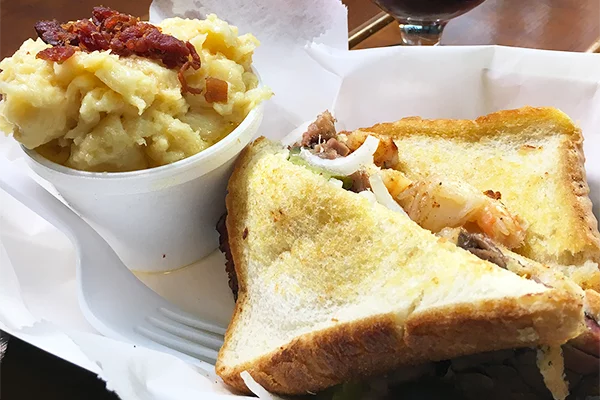 the smoked shrimp po'boy at Angelfire BBQ Food Truck